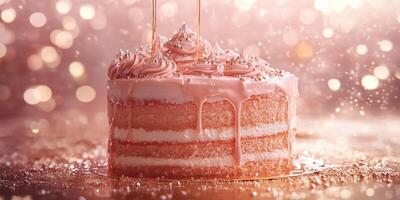 Delicious pink cake with icing dripping down, delicately decorated, capturing the essence of a festive celebration photo