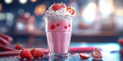 Refreshing strawberry milkshake topped with whipped cream and fresh strawberries at a vibrant cafe setting photo