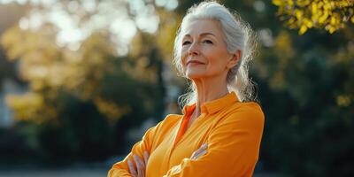 Confident older woman enjoying sunny day in park with arms crossed and serene expression photo