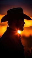 Cowboy silhouette against a vibrant sunset in an open landscape near a ranch during evening hours photo