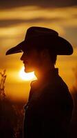 Cowboy silhouette against a stunning sunset in the countryside showcasing a peaceful evening atmosphere photo