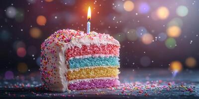 Colorful birthday cake slice with a lit candle and festive sprinkles at a celebration event photo