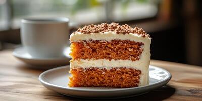 Delicious slice of moist carrot cake with cream frosting beside a cup of coffee in a cozy setting photo