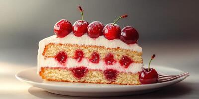 Delicious slice of layered cherry cake on a plate with fresh fruit topping photo