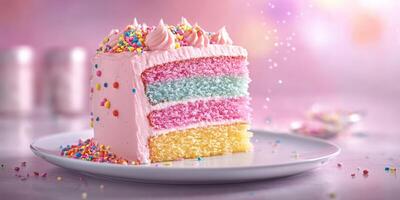 Colorful layered cake with pastel frosting and sprinkles on a white plate against a soft background photo