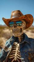 Skeleton cowboy wearing sunglasses and a denim jacket poses in a desert landscape under a clear blue sky photo