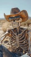 Skeleton in cowboy hat and sunglasses enjoying a sunny day in an arid desert landscape photo