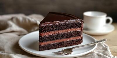 Chocolate layer cake served on a white plate with a fork beside a cup of coffee in a cozy setting photo
