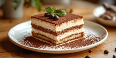 Delicious homemade tiramisu dessert served on a white plate with mint leaves and coffee beans on a wooden table photo