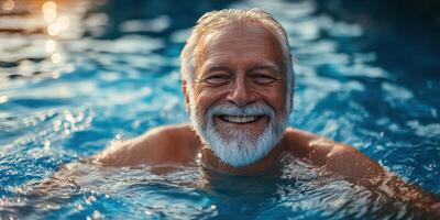 Elderly man enjoying a refreshing swim on a sunny day in a blue pool with vibrant water reflections photo