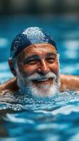 Senior man swimming with joy in a vibrant pool during daylight hours, enjoying the refreshing water and exercise photo