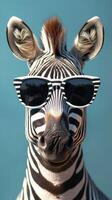 Zebra wearing stylish sunglasses poses against a blue background in a lighthearted display of fun and personality photo