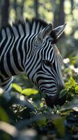 Zebra grazing among lush green foliage in a forest setting during early morning light photo