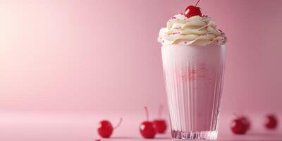 Delicious cherry milkshake topped with whipped cream and cherries on a pink background photo