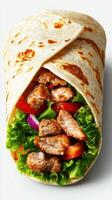 Delicious grilled meat wrap filled with fresh vegetables and wrapped in soft flatbread photo