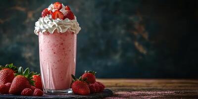 Creamy strawberry milkshake topped with whipped cream and fresh strawberries on a rustic wooden table photo