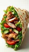 Fresh grilled chicken wrap with lettuce, tomatoes, and cucumbers ready to enjoy for a healthy meal photo
