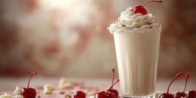 Milkshake topped with whipped cream and cherries on a soft background perfect for dessert lovers photo