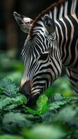 Zebra feeding on lush greenery in a vibrant jungle setting surrounded by foliage during daylight hours photo