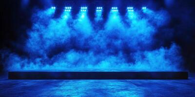Blue stage illuminated by lights surrounded by fog creating a dramatic atmosphere for a performance or event photo