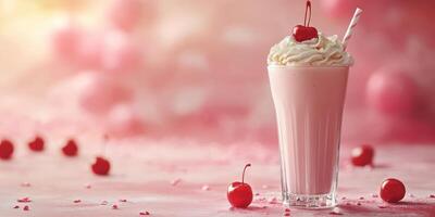 Delicious cherry milkshake served in a tall glass with whipped cream and cherries, surrounded by scattered cherries photo