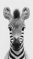 Close-up of a zebra with striking black and white stripes against a plain background photo