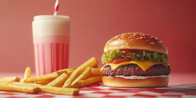 Juicy cheeseburger with lettuce, ketchup, and fries beside a pink milkshake in a dining setting photo