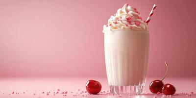 Delightful milkshake topped with whipped cream and cherries against a soft pink backdrop in a cozy setting photo