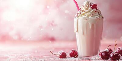 Delicious milkshake topped with whipped cream and cherries served in a festive setting photo