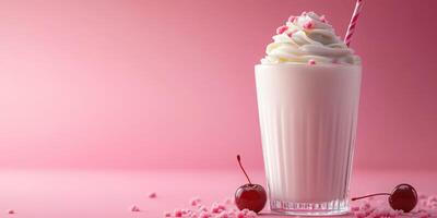 Milkshake topped with whipped cream and cherry on a pink background capturing a delightful dessert moment photo