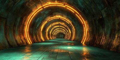 Innovative tunnel design featuring glowing orange lights creates an otherworldly atmosphere at night photo