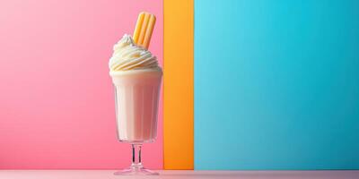 Delicious creamy dessert topped with a colorful wafer stick against a vibrant backdrop photo