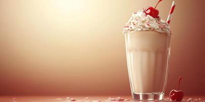 Delicious creamy milkshake topped with whipped cream and cherries in a stylish glass photo