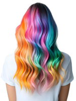 A striking hairstyle features an array of bright colors transitioning seamlessly from pink to orange to blue and green, styled in loose waves. png