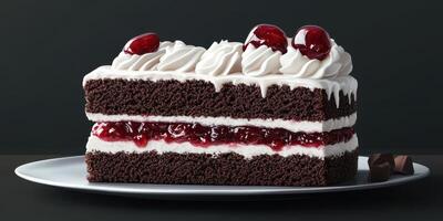 Delicious layered chocolate cake topped with whipped cream and cherries on a plate photo
