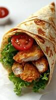 Delicious chicken wrap filled with crispy fried chicken, fresh lettuce, and tomato served with dipping sauce photo