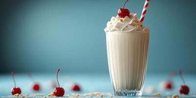 Creamy milkshake topped with whipped cream and cherries served in a tall glass against a soft blue backdrop photo