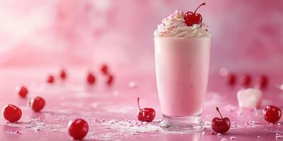 Delicious pink milkshake topped with whipped cream and cherries in a vibrant setting photo