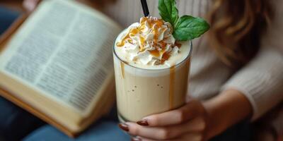 Enjoying a creamy caramel drink while reading a book during a cozy afternoon at home photo