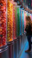 Colorful candy display attracts a girl with long hair in a vibrant candy store filled with jars photo