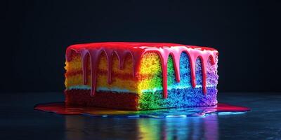 Colorful rainbow cake with glossy frosting sits on a dark surface, showcasing vibrant layers and a glossy, dripping glaze photo