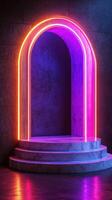 Vibrant neon archway with glowing lights in a dark urban setting at night photo