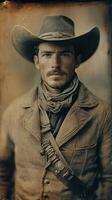 Handsome cowboy dressed in traditional attire poses confidently in rustic outdoor setting during golden hour photo