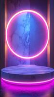 Modern stage design featuring a glowing circular neon light in a stylish atmosphere photo