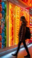 Vibrant display of colorful objects captivates a passerby in an urban setting during nighttime photo