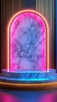 Vibrant neon display area with marble backdrop perfect for modern events and photo sessions