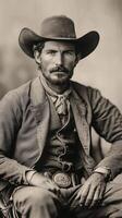 Cowboy portrait in black and white showcasing rugged features and vintage attire photo