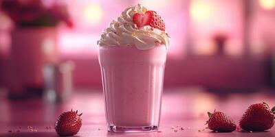 Delicious strawberry milkshake topped with whipped cream and fresh strawberries in a bright setting photo