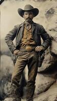 Cowboy in rugged attire poses confidently against rocky backdrop during the late 19th century photo