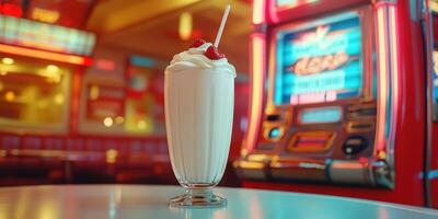 Classic milkshake served in a retro diner with neon lights and a vintage slot machine in the background photo